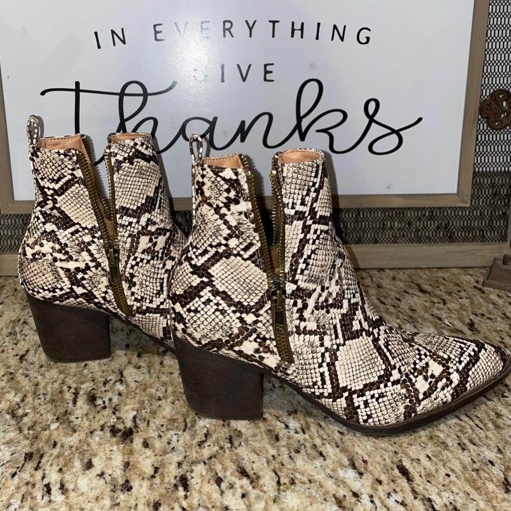 Snake print zipper booties